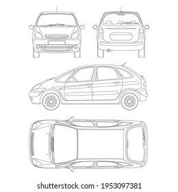 Outline vector drawing of a family car. Estate car blueprint. Station wagon car vector mock-up. Vehicle branding vector template. Citroen Xsara Picasso.