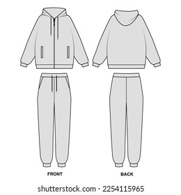 Outline vector drawing of fashionable tracksuit. Hoodie with zipper and pockets, vector. Vector template of sport pants, joggers with pockets. Sports suit contour sketch front and back view. svg