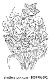 Outline vector drawing of flowers for adult coloring books. Page of floral pattern in black and white