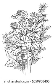 Outline vector drawing of flowers for adult coloring books. Page of floral pattern in black and white