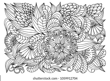 Outline vector drawing of flowers for adult coloring books. Page of floral pattern in black and white