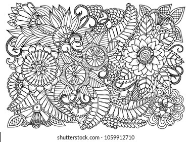 Outline vector drawing of flowers for adult coloring books. Page of floral pattern in black and white