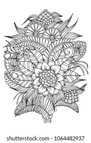 Outline vector drawing of flowers for adult coloring book. Page of floral pattern in black and white