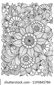 Outline vector drawing of flowers for adult coloring books. Page of floral pattern in black and white