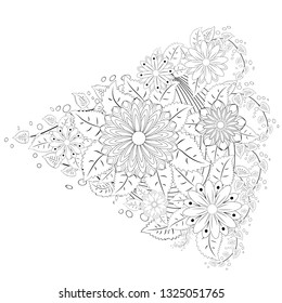 Outline vector drawing of flowers for adult coloring books. Page of floral pattern in black and white.