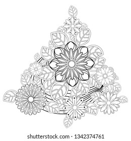 Outline vector drawing of flowers for adult coloring books. Page of floral pattern in black and white.