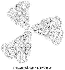 Outline vector drawing of flowers for adult coloring books. Page of floral pattern in black and white.