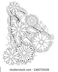 Outline vector drawing of flowers for adult coloring books. Page of floral pattern in black and white.