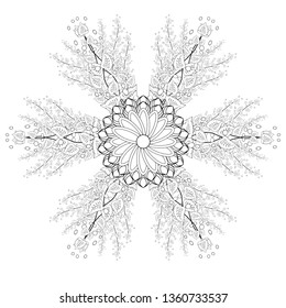 Outline vector drawing of flowers for adult coloring books. Page of floral pattern in black and white.