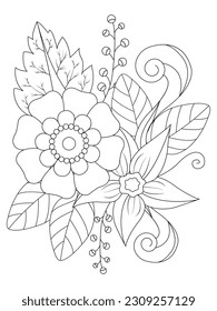 Outline vector drawing of flowers for adult coloring books. Page of floral pattern in black and white.