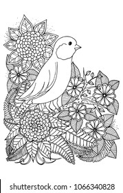Outline vector drawing of flowers and bird for adult coloring books. Page of floral pattern in black and white