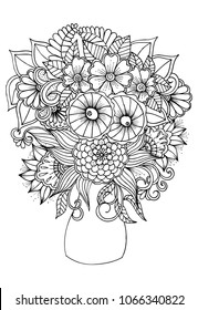 Outline vector drawing of flowers in vase for adult coloring books. Page of floral pattern in black and white