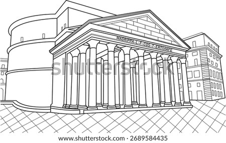 Outline vector drawing of the historic Pantheon in Rome, Italy, an iconic ancient Roman temple and architectural marvel, perfect for design.