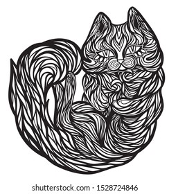 Outline vector drawing isolated on white. Beautiful fluffy cat. Pet animals in doodles style. Hand drawn coloring page for kids and adults.