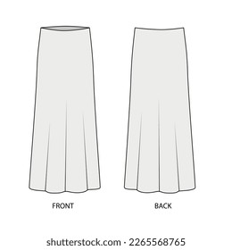 Outline vector drawing of a long silk skirt. Long skirt template front and back view. Midi skirt sketch, vector.