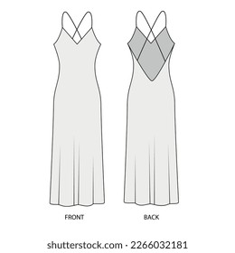 Outline vector drawing of a long silk dress with thin spaghetti straps. The template of the evening women's tight-fitting dress. Sketch of a women's combination on the straps front and back view.