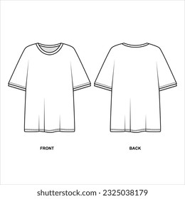  Outline vector drawing short sleeve shirt front and back view. White casual style t-shirt pattern. Sketch of a fashionable oversize t-shirt. 