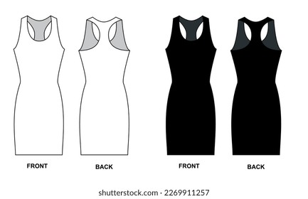 Outline vector drawing of short sleeveless dress, black, white colors. Basic bodycon dress template, front and back view. Off-the-shoulder tee dress pattern, vector.