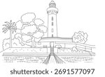 Outline vector drawing of a Singapore lighthouse. A tropical coastal beacon with palm trees and a pathway, suitable for various design projects.