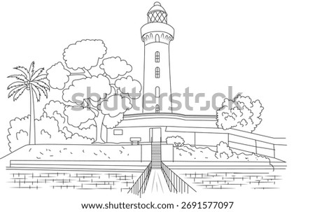 Outline vector drawing of a Singapore lighthouse. A tropical coastal beacon with palm trees and a pathway, suitable for various design projects.