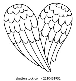 Outline vector drawing of two folded angel wings forming heart shape together. Romantic cartoon illustration for Valentine's Day, engagement, wedding.