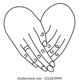 Outline vector drawing of two holding hands with rings forming heart shape together. Romantic cartoon illustration for Valentine's Day, engagement, wedding.