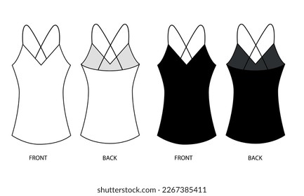 Esbozo de dibujo vectorial de la parte superior de una mujer sobre correas delgadas cruzadas en la parte posterior. Esbozo de la parte superior de una mujer negra clásica. Plantilla vectorial de la parte superior del tanque de mujeres de moda con correas, vista frontal y trasera.