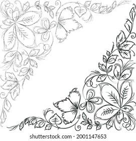 Outline vector drawings of decorative floral corners from fantasy leaves, tendrils and flowers