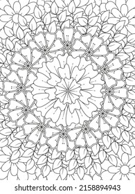 Outline vector drawings of flowers for adult coloring books. Page of floral pattern in black and white