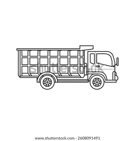Outline vector of dump truck in side view, perfect for construction infographics, industrial icons, coloring books, or educational design projects.