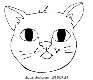 Outline vector fat cat muzzle, with big eyes, with protruding tongue. On a white background, in cartoon style. Coloring book, page for adults and children. For the design of books, magazines, posters.