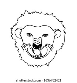 Outline vector fat lion face, with big eyes, with a grin and fangs. On a white background, in cartoon style. Coloring book, page for adults and children. For the design of books, magazines, posters.