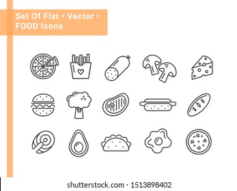 Outline vector flat food icons isolated on white background. Pizza, french fries, mashrooms, cheese, salmon, egg, burger, avocado, hot dog, taco labels.