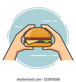 Outline Vector Flat. Hand Holding A Burger.