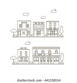 Outline Vector Flat Line Illustration Of Small City Street With Stores, Shops And Offices