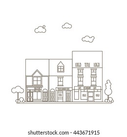 Outline Vector Flat Line Illustration Of Small City Street With Stores, Shops And Offices