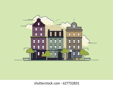 Outline Vector Flat Line Illustration Of Small City Street With Stores and apartments