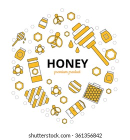 Outline vector flat set of apiary, organic, natural honey, honey bee,  honeycomb, beekeeper, bee, flowers, honey jar, honey dipper for your site, card, sticker and app