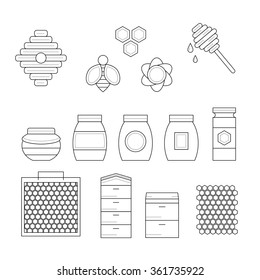 Outline vector flat set of apiary, organic, natural honey, honey bee,  honeycomb, beekeeper, bee, flowers, honey jar, honey dipper for your site, card, sticker and app