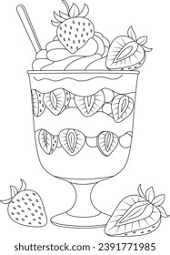 Outline vector food and drink of a strawberry parfait. Coloring pages for kids and adults