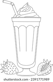 Outline vector food and drink of a strawberry smoothie. Coloring pages for kids and adults