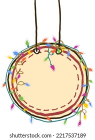 Outline vector freehand drawing of a round signboard with a festive garland around. Simple cartoon clipart isolated on transparent background