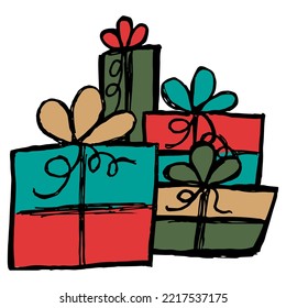 Outline vector freehand drawing of a set of gift boxes. Simple cartoon clipart isolated on transparent background