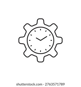 Outline vector gear with a clock inside, representing technical SEO processes, backend operations, and optimization efficiency.