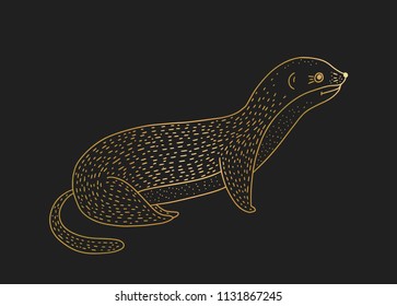 Outline vector golden weasel icon on a black background. Detailed animal illustration.