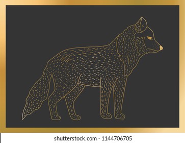 Outline vector golden wolf icon on a black background. Detailed animal illustration.