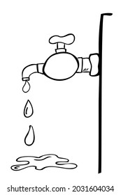 Esbozo de la mano del vector Dibujar el grifo de agua en la pared, el derrame y el agua de salpicadura, aislados en blanco
