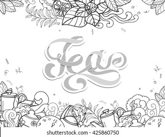 Outline vector hand drawn Doodle cartoon banner with composition of objects on the tea theme and Tea lettering