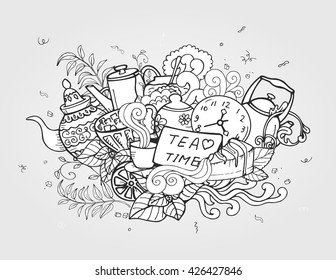 Outline vector hand drawn Doodle cartoon composition of objects and decorations on the tea theme