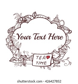 Outline vector hand drawn frame with Doodle cartoon composition of tea objects and decorations on white background
